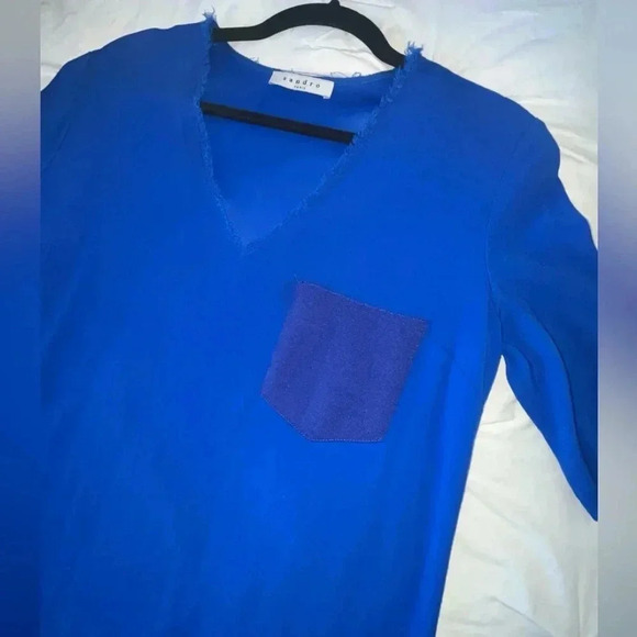 Sandro Paris Bright Cobalt Blue V-Neck Mini Shift Dress. French Size 3. US L/XL - Picture 2 of 8